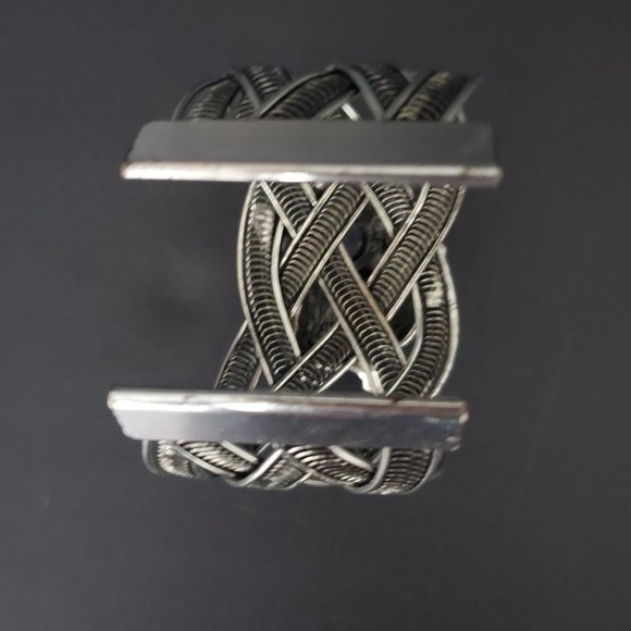 Brutalist Wide Cuff Bracelet Rustic Silver Tone Elephant Applique Woven Design - Picture 6 of 9